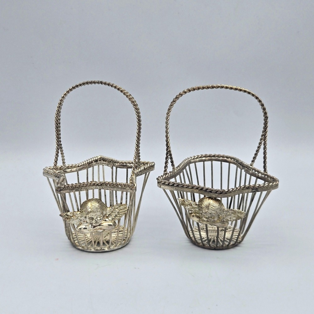 Silver Plated Cherub Angel Mini Wire Baskets Set of 2 Bell & Star Christmas